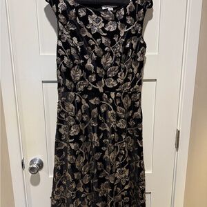 Kay Unger Black and Gold Floral Midi Dress